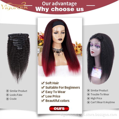 Kinky straight wholesale cheap ombre fiber hair for wig glueless non lace synthetic hair and wigs headband wig black women bulk